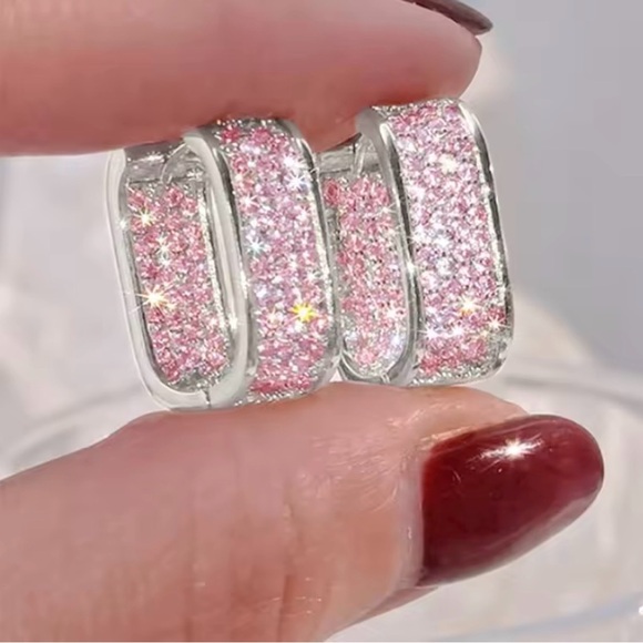 New Silver Pink Sapphire Rectangular Crystal Hoop Earrings - Picture 4 of 6